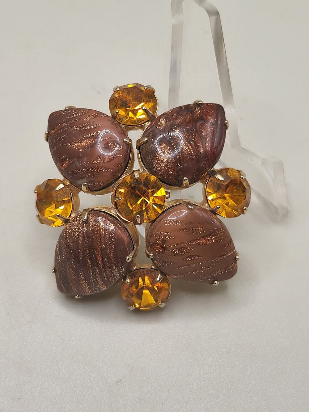 Vintage 1950s Amber Rhinestone & Brown Swirl Glass Brooch
